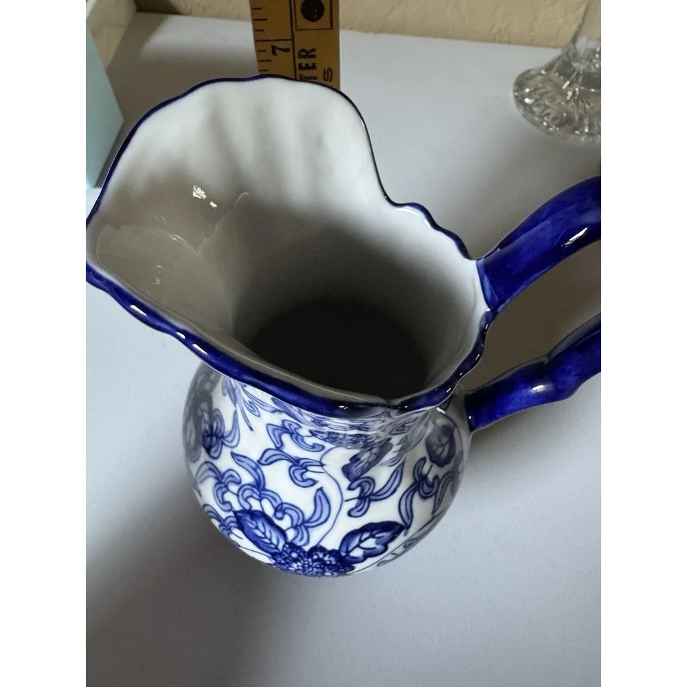 Vintage Blue And White Ceramic Pitcher Floral Chinoiserie Twig Handle 7 in Vase